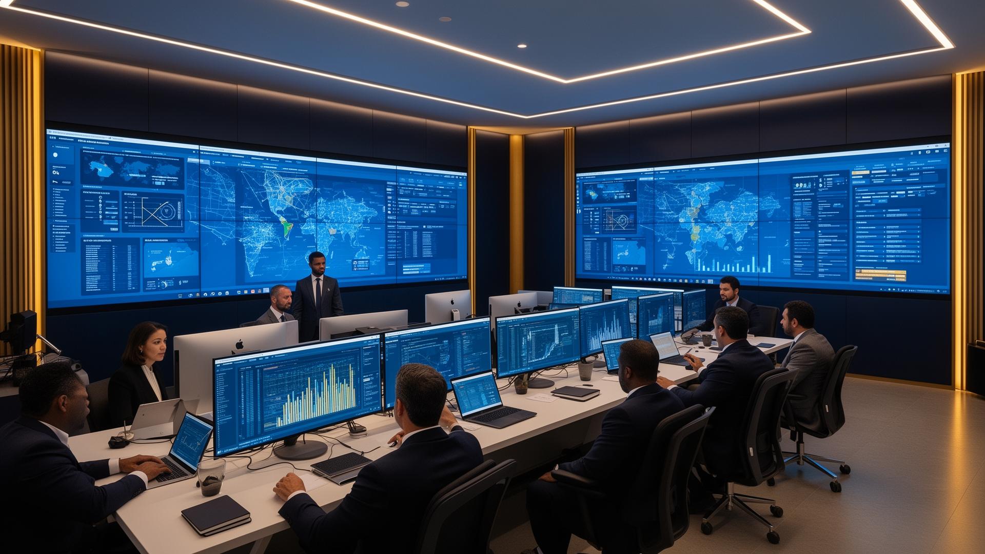 Sala de comando corporativa com analistas monitorando inteligência de licitações