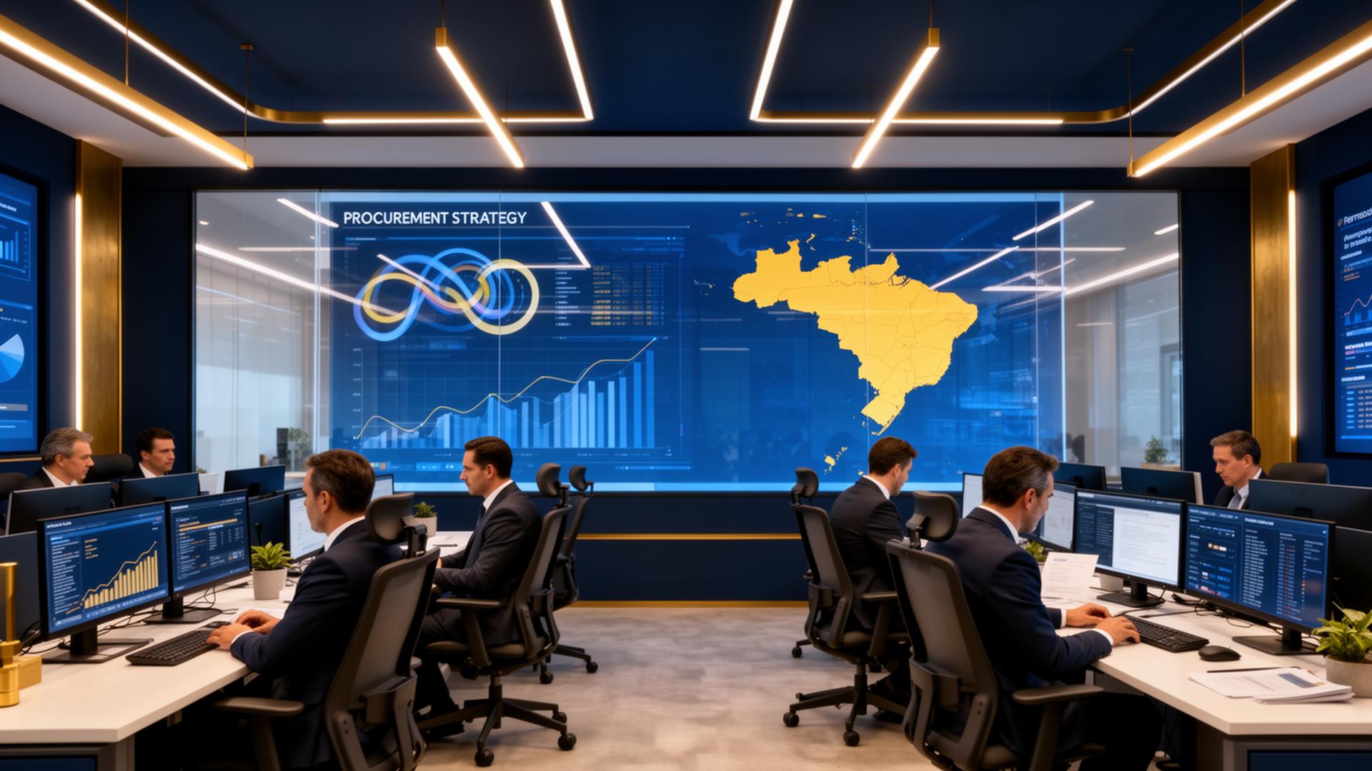 War room empresarial com analistas conduzindo estratégia de licitações